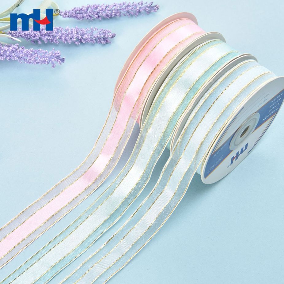 ริบบิ้นผ้าซาตินขอบ Organza พร้อมเส้นด้ายเมทัลลิค